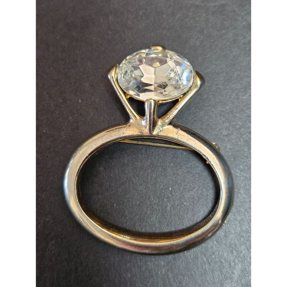 Vintage Gold Tone Solitaire Engagement Ring Brooch - Picture 2 of 9